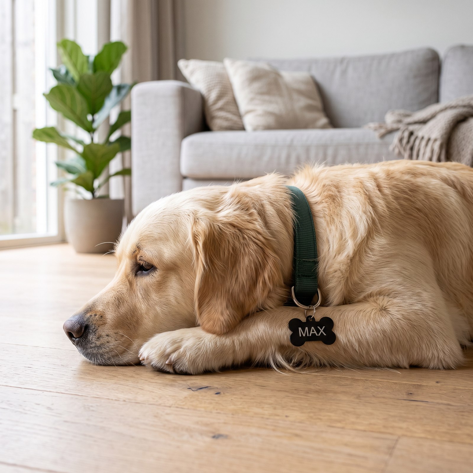 Golden retriever met hondenpenning ligt in de woonkamer